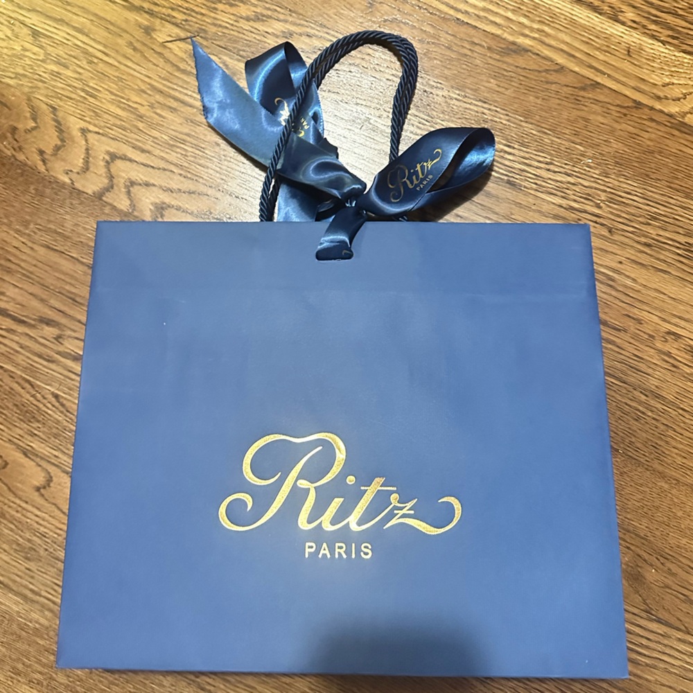 Ritz Paris large Boutique Shopping Bag Gift Ribbon Tie Blue Gold 14" X 12"